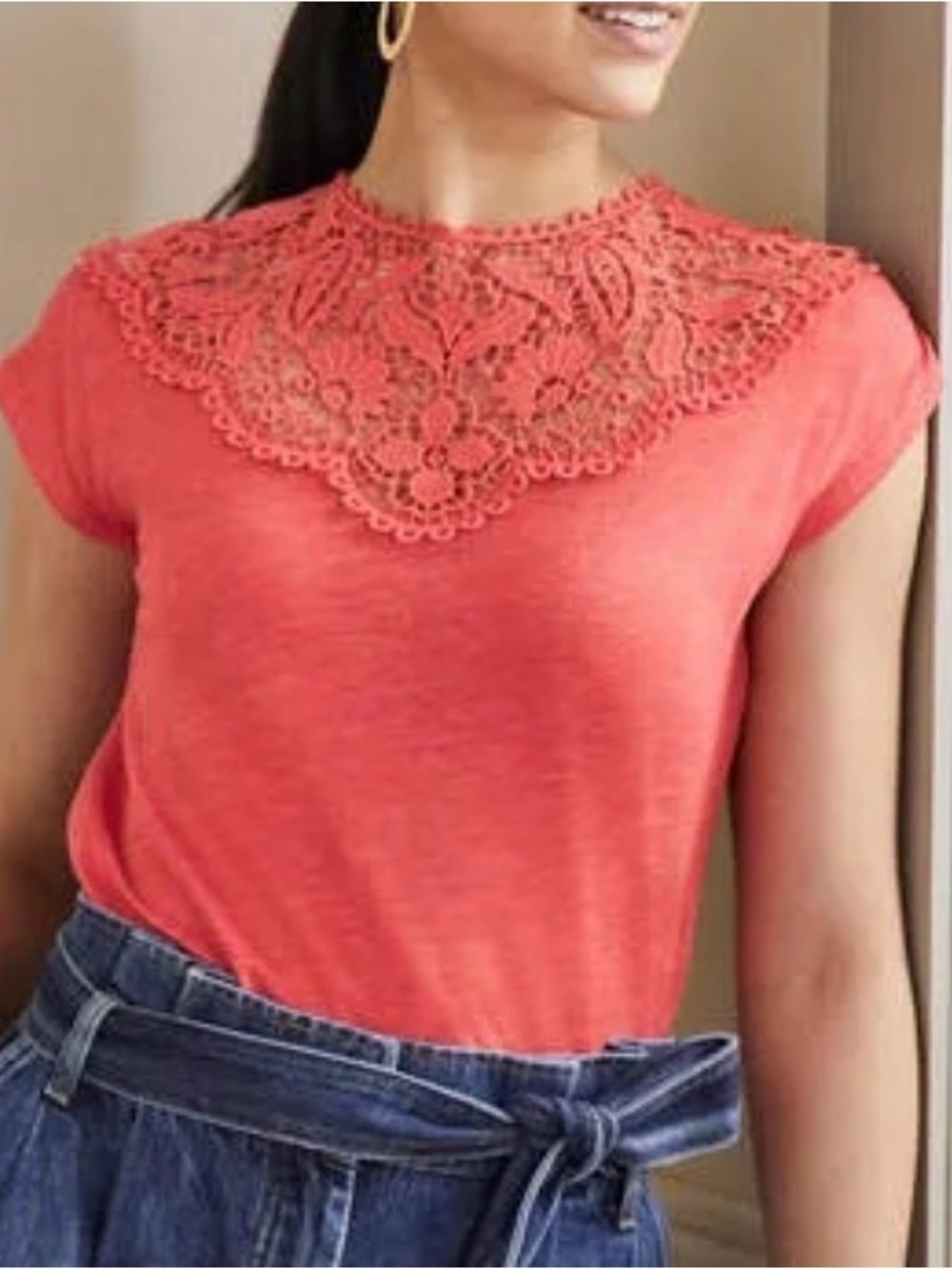 EUC Boden Size 6 Lace Yoke Short Sleeve linen top shirt Coral embroidered